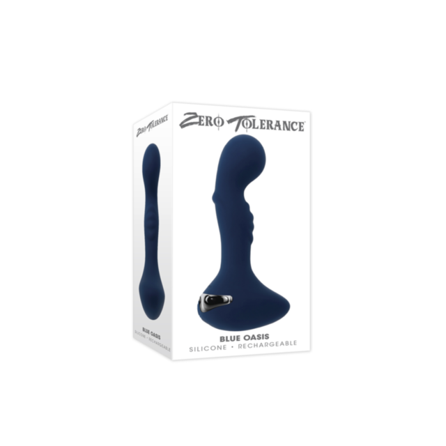 The packaging highlights the Zero Tolerance Sil Rechargeable Blue Oasis-Blue silicone personal massager, which includes an ergonomic grip handle and a rechargeable vibrating plug, with a prominent image of the blue, curved massager.