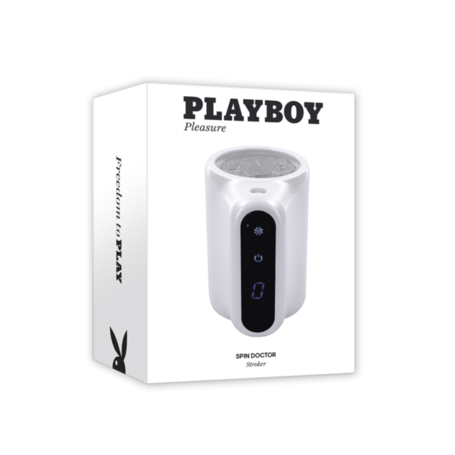 A green background features a white symbol of a rocket launching through a circular path with stars, echoing the dynamic Evolved-Playboy Rechargeable Spin Doctor Stroker-Frost. Above the symbol, bold white text proclaims "No Image.
