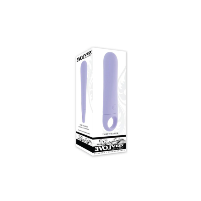 A purple rectangular image with the text "Evolved-Tart Teaser-Purple" is prominently displayed at the top. Below, a gray circle showcases a stylized rocket, evoking feelings of adventure reminiscent of a vibrating wedge beneath starry skies.