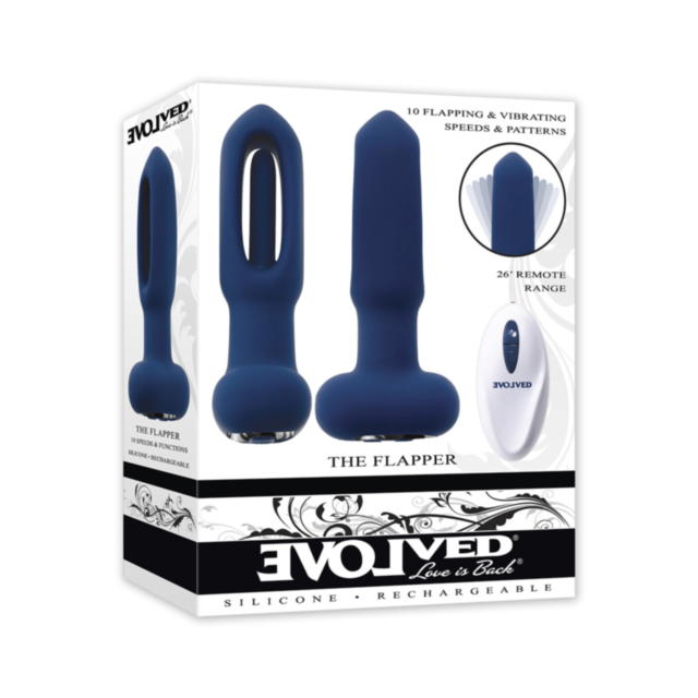 A blue box with gray text that reads "No Image." Below the text is a gray icon of a rocket circling a planet, suggesting endless pleasure possibilities and various vibrating speeds available with the Evolved-Sil Rechargeable The Flapper Plug-Blue. Stars t