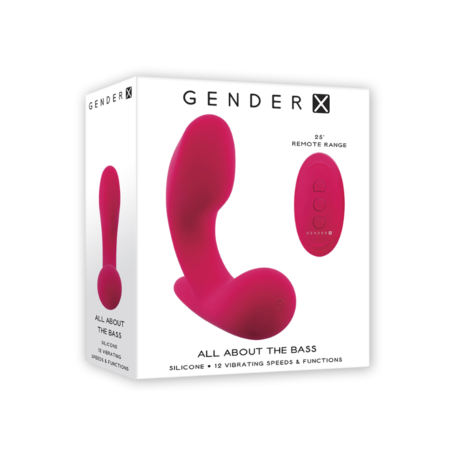 Packaging for the red Evolved-Gender X Sil Recharge All About The Bass vibrator with remote control showcases features such as a 25-foot remote range and 12 vibrating speeds and functions.
