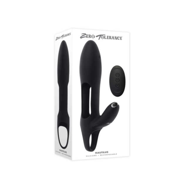 The Zero Tolerance-Nautilus Vibe Sleeve-Black is a rechargeable silicone and ABS vibrating toy with remote, shown on its white packaging labeled with the product name and featuring images from various angles.