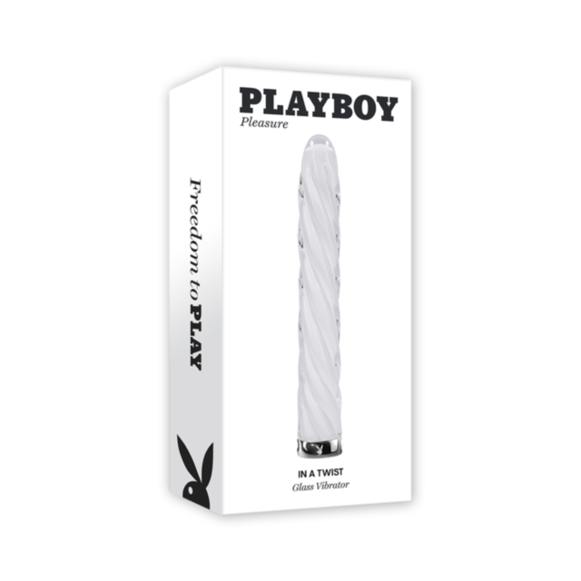 A sleek white box features the Playboy logo next to the "Evolved-Playboy In a Twist Glass Straight Vib-White," highlighting its spiral design ideal for Temperature Play. With black text that reads "Freedom to Play" and the iconic Playboy bunny silhouette,