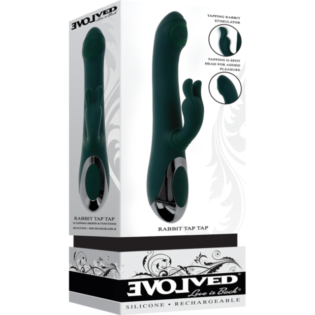 The Evolved Sil Rechargeable Rabbit Tap Tap in dark green features dual stimulators with customizable tapping for the rabbit and G-spot, all highlighted on its product box for this multifunctional toy.