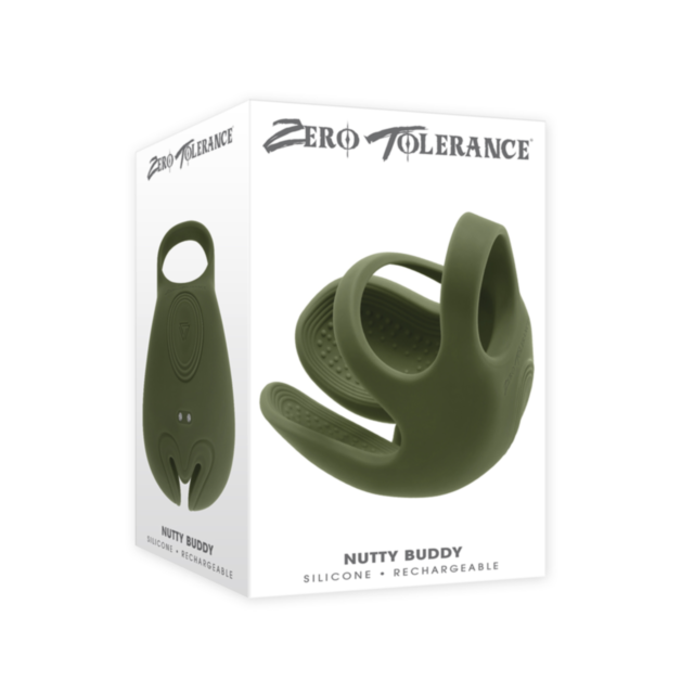 A product box showcases the Zero Tolerance-Sil Rechargeable Nutty Butty-Green, crafted from phthalate- and latex-free silicone, with the product image and branding displayed on its packaging.