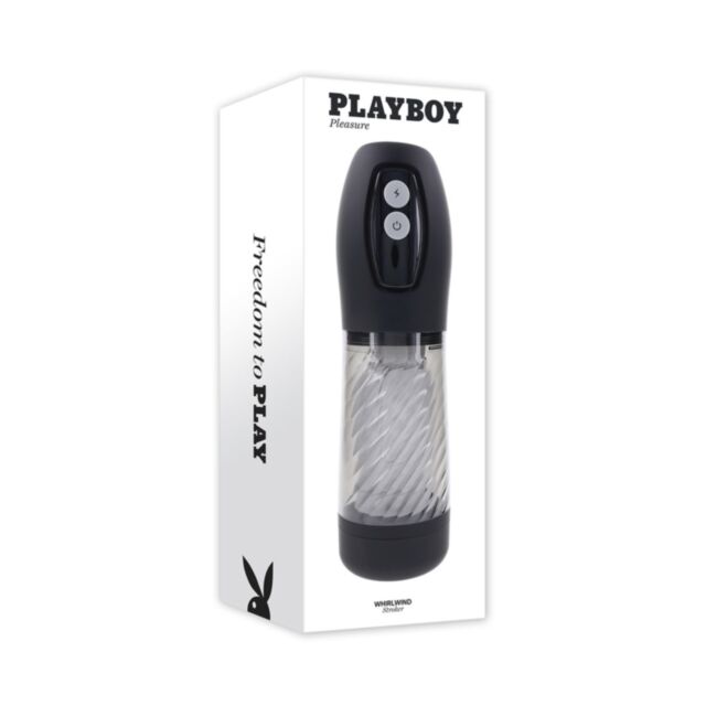 The Evolved-Playboy Rechargeable Whirlwind Stroker-2AM features a sleek, black, and transparent box packaging adorned with the iconic Playboy logo and the slogan "Freedom to Play." It offers enhanced functionality with its convenient rechargeable USB-C fe