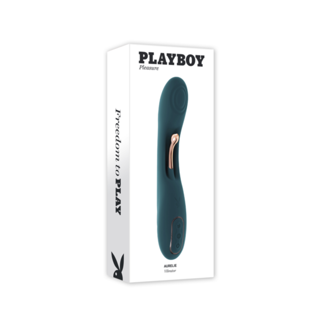 Packaging for the Evolved-Playboy Sil Rechargeable Aurelie-Dark Teal Vibrator, a silicone rechargeable device in dark teal with gold accents on a white box, black Playboy branding, and the “Freedom to PLAY” slogan. Experience intense vibrations.
