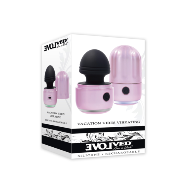 The Evolved-Recharge Sil Vacation Vibes Vibrating-Pink Black features images of a pink and black silicone vibrating wand on its box. Its USB-C rechargeable, waterproof, and wrapped in sleek black-and-white branding with essential product details.
