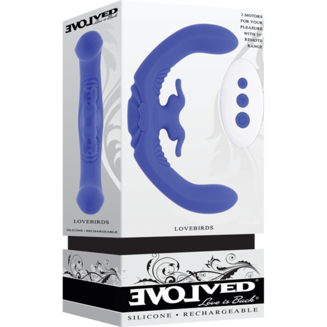 Box for the Evolved-Sil Rechargeable Lovebirds Double Vib-Blue showcases a dual-ended blue silicone massager, includes an image of the product, and features a remote with three buttons on the right side.