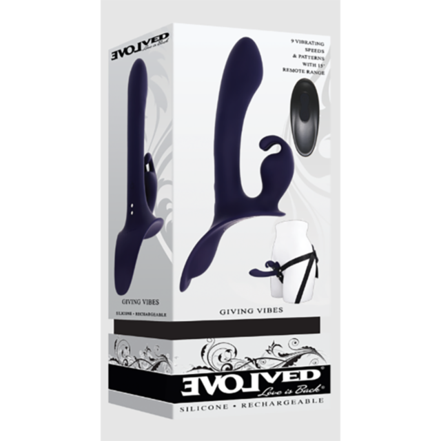 The Evolved-Sil Rechargeable Giving Vibes Vib Strap On-Purple box features an image of the purple device and its remote, highlighting 9 vibration speeds and patterns, along with the triple-motor vibe feature under the Evolved brand.