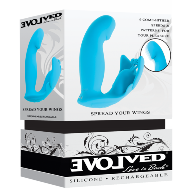 The packaging for the Evolved-Sil Rechargeable Spread Your Wings-Blue features the elegant text "Spread Your Wings," evoking a butterfly stimulator experience. It highlights 9 come-hither speeds and patterns for your pleasure, complemented by a black and 