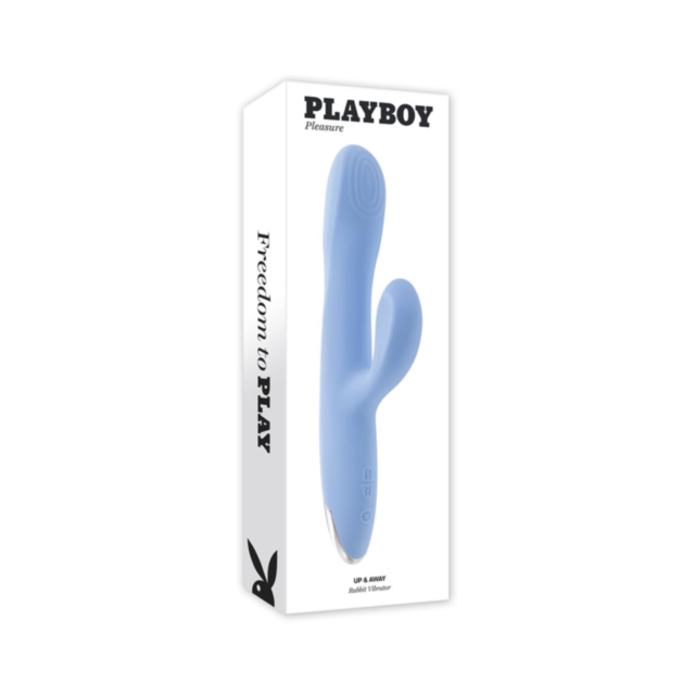The image displays the packaging for the Evolved-Playboy Sil Rechargeable Up and Away Rabbit-Sky, highlighting a Silicone Rechargeable Rabbit for dual stimulation. The box is mainly white with elegant black text and the slogan Freedom to Play.
