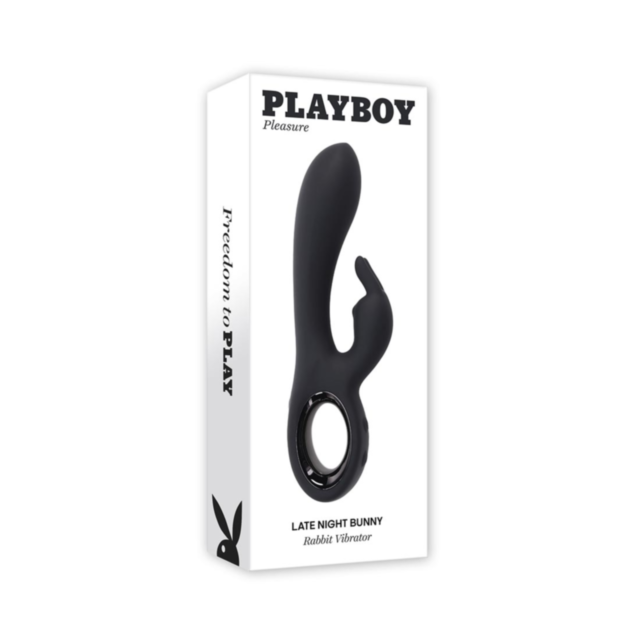 The Late Night Bunny packaging for the Evolved-Playboy Sil Recharge Late Night Bunny Rabbit-2AM elegantly features the iconic logo and slogan, Freedom to Play. Made from body-safe silicone, this dual vibrator ensures both safety and pleasure in one sleek 