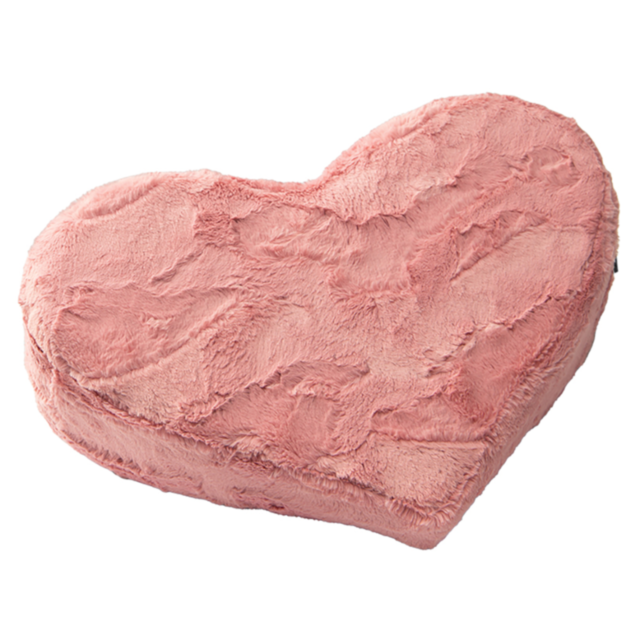 The Heart Wedge-Limited Edition Faux Fur-Rose is a heart-shaped pink cushion featuring a soft, textured faux fur surface, making it a luxurious addition to any room.