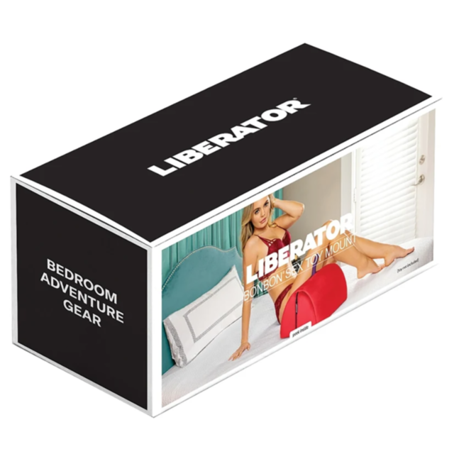 The box packaging for Liberator's BonBon bedroom adventure gear features a woman relaxing on a bed surrounded by cushions, highlighting the versatile design of the Bonbon Microvelvet-Flame Seat crafted from luxurious microfiber. The text promotes it as th