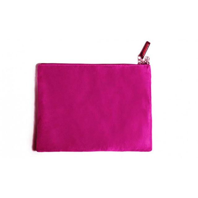 A fuchsia square showcasing a gray silhouette of a rocket and planet, surrounded by stars, crafted from water-resistant microsuede. The text "No Image" is displayed above the design.
