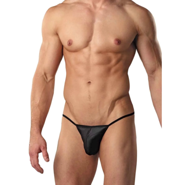 A black and grey background featuring the words "Pouch G String Black S M" at the top, with a microfiber-inspired illustration of a rocket ship surrounded by stars, ready to launch into space.