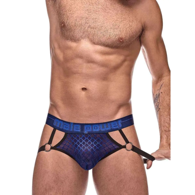A green background with the text "No Image" at the top showcases a graphic of a rocket and stars inside a circle, reflecting the bold pattern featured in the MALE POWER MEN'S DIAMOND MESH JOCK RING S/M.