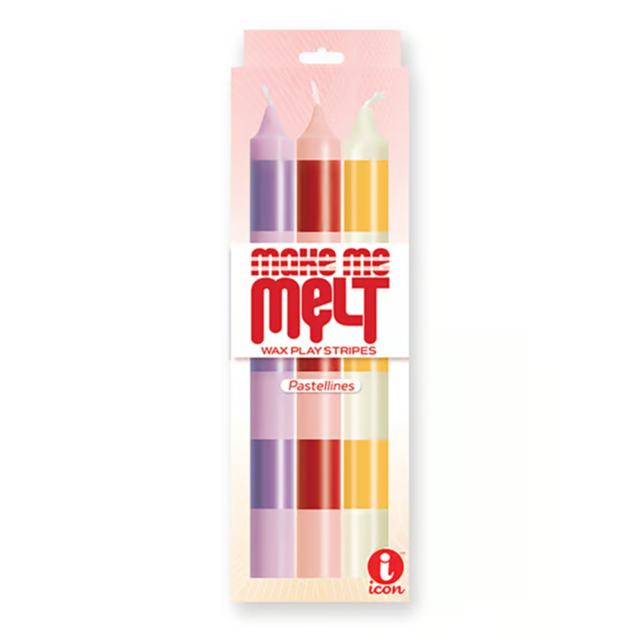 Make Me Melt Pastellines is a set of four pastel Sensual Warm-Drip Candles—purple, pink, orange, and yellow—in a pastel-striped light pink box. Ideal for BDSM fans or candle lovers seeking playful sensation play.