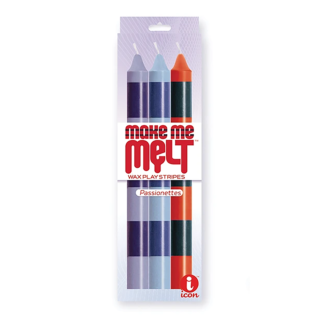 The Make Me Melt Passionettes includes three wax-play candles in purple, blue, and red, packaged vertically in a clear box—an ideal pick for BDSM enthusiasts.