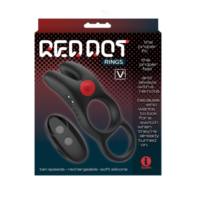 Icon Brands Red Dot Sil Rechargeable RC Ring-V1 packaging features a sleek black silicone rechargeable ring with vibrating bunny ears and a convenient remote. The box emphasizes its ten-speed capabilities, water-resistant design, and soft silicone constru