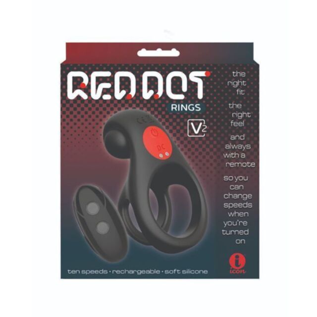 The packaging for the Icon Brands Red Dot Sil Rechargeable RC Ring-V2 features a sleek black and red design, highlighting its high-performance capabilities—a silicone rechargeable remote control ring with ten speed settings and soft silicone material for 