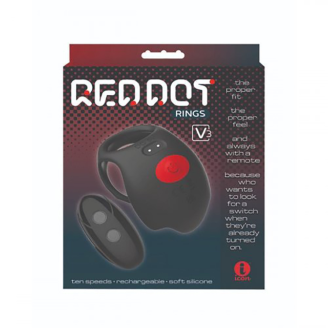 The packaging for the Icon Brands Red Dot Sil Rechargeable RC Ring-V3 highlights a black silicone rechargeable RC ring featuring a red button and remote control. Tailored for couples, it offers ten different vibrating speeds and is made from soft silicone