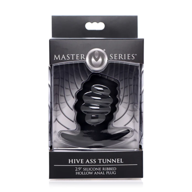 The XR-Silicone Ribbed Hollow Anal Plug-Small from the Master Series comes in packaging that displays a 2.9" ribbed hollow anal plug with an innovative beehive design. This silicone plug is elegantly presented in a window box, set against a black and gray