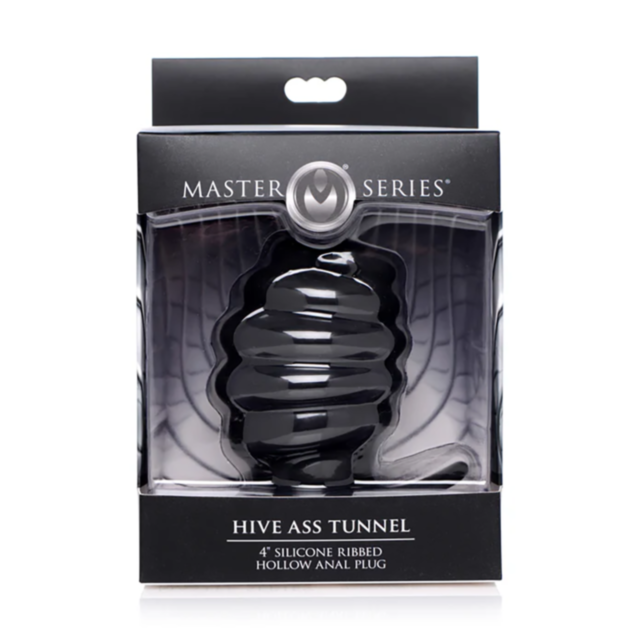 The image displays the XR-Silicone Ribbed Hollow Anal Plug-Large packaging, featuring a black silicone ribbed hollow anal plug crafted for enhanced pleasure. This sleek packaging in black and silver includes a clear plastic window to exhibit the product i