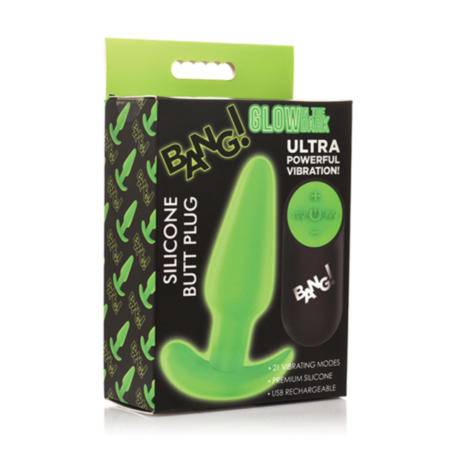 The XR-Bang 21X Glow in the Dark Butt Plug with Remote is designed with a green background displaying a gray rocket icon within a circle, featuring "No Image" text above. It is crafted from sleek, body-safe silicone.