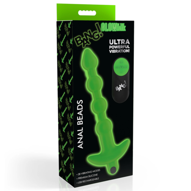 A graphic illustration showcases the XR-Bang Glow in the Dark Sil Anal Beads with Remote, depicted as a rocket ship soaring through a glow-in-the-dark sky surrounded by twinkling stars. The background shimmers in green, and the design is simple yet styliz
