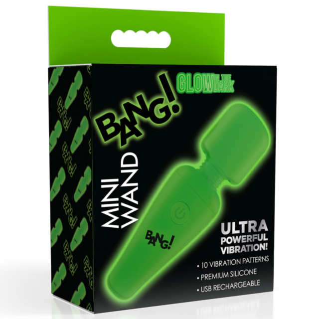 Against a green background, there's travel-friendly white text that reads "No Image." Below this, an icon of the XR-Bang Glow in the Dark Silicone Mini Wand can be seen, with a rocket ship launching upwards in a circle surrounded by stars.