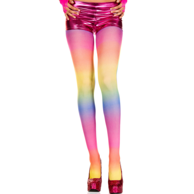 Illustration of a rocket entering a circular frame with stars against a green background, evoking the style of neon rainbow print. Text at the top reads Rainbow Opaque Tights.