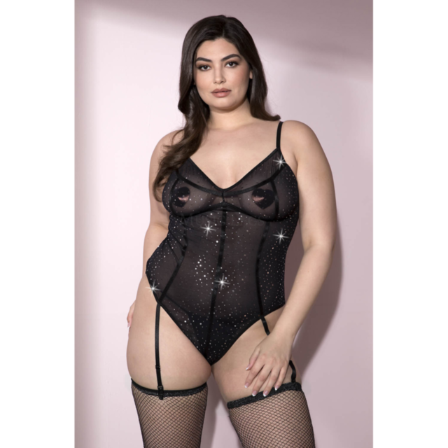 A sleek design featuring a green background with a gray rocket icon inside a circle, surrounded by stars, is displayed with the text "No Image" above, evoking the style of the Plus Size Black Sheer Paneled Sparkle Garter Bodysuit.