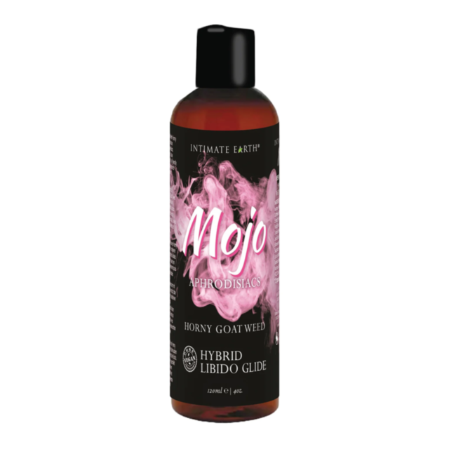 A 4oz bottle of MOJO Horny Goat Weed Hybrid Libido Glide, featuring a black label with pink smoke design and white text.