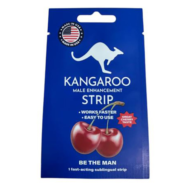 A blue package of Kangaroo cherry strips showcases a kangaroo silhouette and two cherries. It emphasizes its quick action and user-friendly design, offering a cherry flavor that enhances prolonged intercourse. The package is adorned with a Made in USA sym