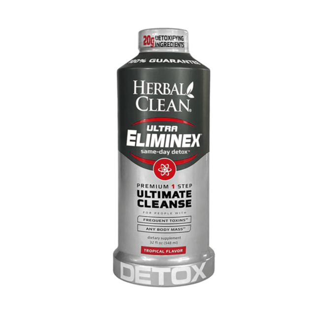 Introducing Ultra Eliminex Tropical 32oz: A premium one-step herbal cleanse designed for individuals with frequent toxins, featuring a refreshing tropical flavor. The label emphasizes its effectiveness as a same-day detox solution, containing 32 fl oz (94