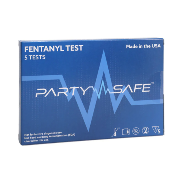 A green graphic showing a rocket launching into space, surrounded by stars, represents breakthroughs in fentanyl detection. Above, the words "Party Safe Fentanyl 5 Tests Per Box" are displayed in bold light text, highlighting the urgent need for innovativ