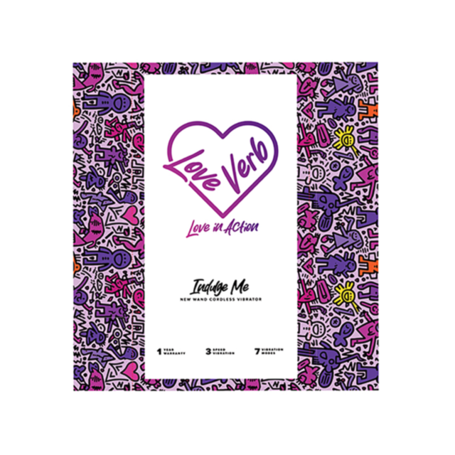 The packaging of Love Verb-Indulge Me Dual End Wand showcases a vibrant, abstract design adorned with figures and symbols. Prominently featured at the center are the phrases: Love Verb, Love in Action, and Indulge Me. The product highlights include 1 butt