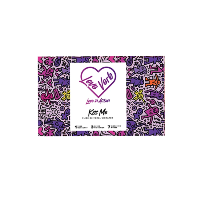 A colorful package adorned with abstract, cartoon-style figures and shapes features a white label in the center with a heart, displaying the words "Love Verb, Love in Action" in pink and "Love Verb-Kiss Me Clit Vibe" in black.