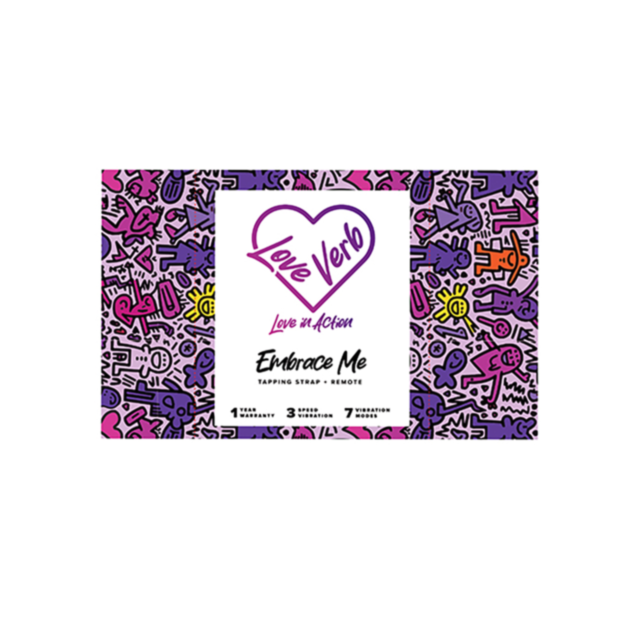 The packaging boasts vibrant abstract and playful illustrations in pink, purple, and black tones. It features a white rectangle at the center with the text: Love Vero, Love in Action, Embrace Me Dual Stim Tapping Strap + Remote.