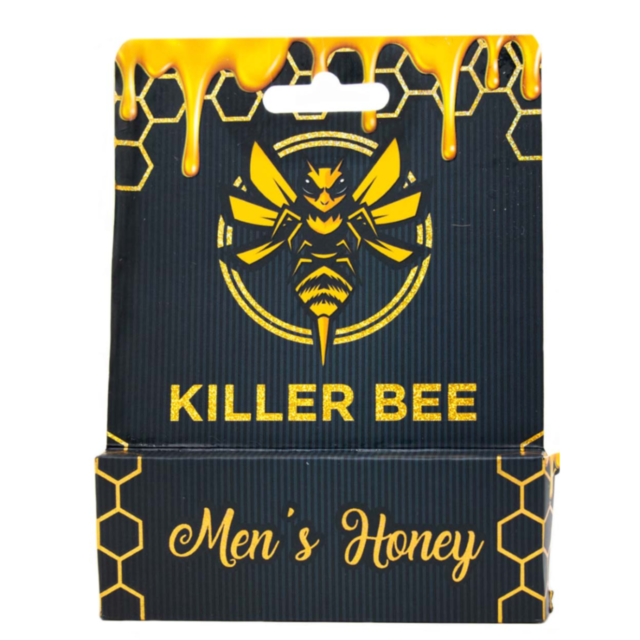 The image shows a cardboard packaging with "Killer Bee Honey-Mens" printed on it. The design features a stylized bee and honeycomb patterns in yellow against a black background, with honey dripping from the top. It's an enticing presentation for the Kille