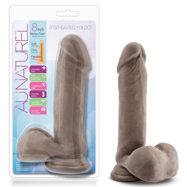 Illustration of a chocolate-covered Au Naturel 8in Sensa Feel Dildo featuring a dual density design, set against a green background with a planet surrounded by stars.