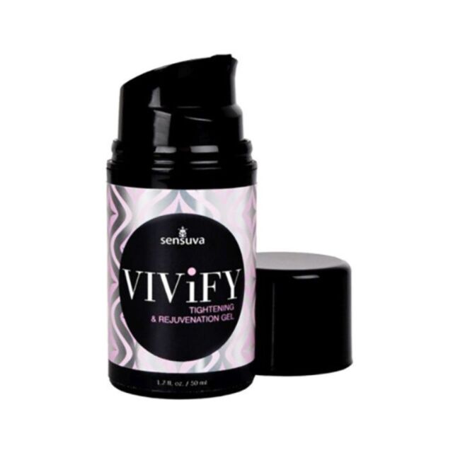 A green background features a gray rocket icon surrounded by sparkles, creating a youthful vibe. Above it, the text "Vivify Tightening And Rejuvenation Gel" is displayed, embodying an adventurous essence.