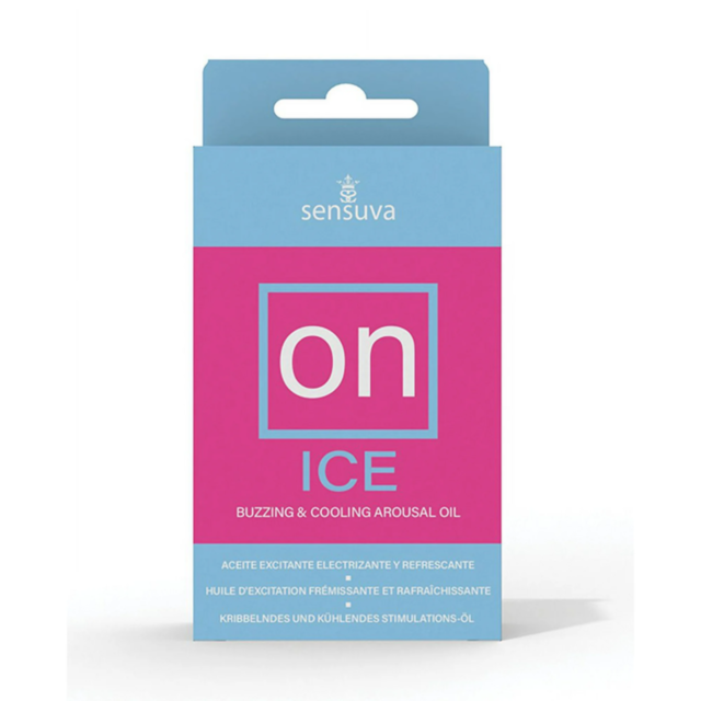 A box of On Ice 5ml, an arousal oil by Sensuvas that offers buzzing and cooling sensations with natural ingredients. The packaging is blue and pink, featuring multilingual text including English.