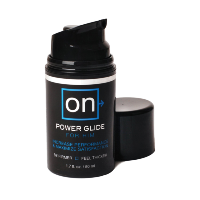 The On Power Glide For Him comes in a stylish black and blue bottle with a convenient pump dispenser. Crafted to enhance male performance and satisfaction, it promises increased firmness and thickness by boosting sensation. This 1.7 fl oz container is des