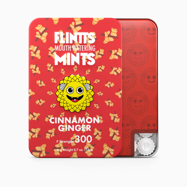 The image displays a green background with the text "No Image" at the top, followed by a depiction of a rocket, a planet, and stars in soft hues, evoking the calming sensation provided by Flintt Mints Cinnamon Ginger F Strength 300 for easing nausea.