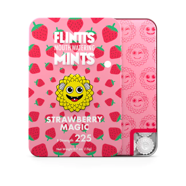 A green image, capturing the essence of High Spring Vibes, showcases a gray rocket icon ascending among twinkling stars. Above this icon, the text "Flintt Mints Strawberry Magic F Strength 225" is elegantly displayed.