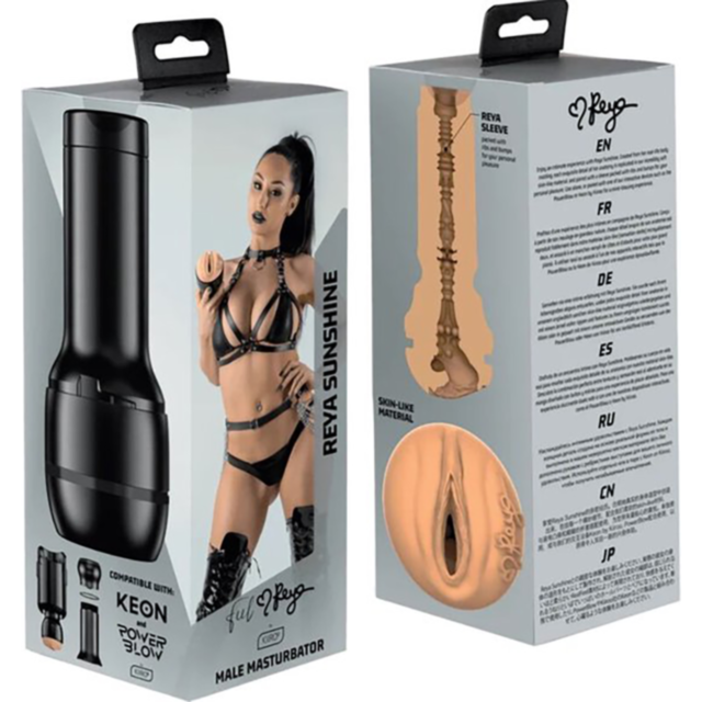 The packaging of the Kiiroo-Feel Reya Sunshine Star Collection showcases a sleek black male masturbator alongside an image of a model in elegant black lingerie. The box prominently displays the name Reya Sunshine and includes information in multiple langu