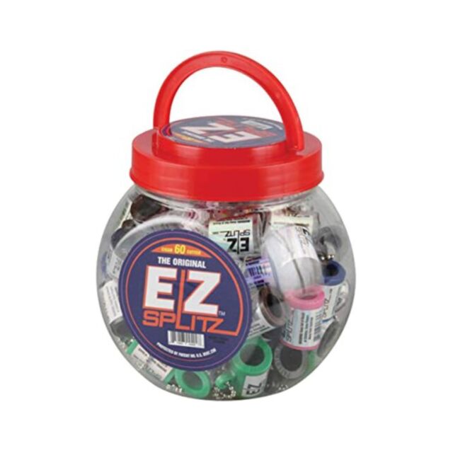 A clear jar with a red lid and handle, filled with assorted EZ SPLITZ keychain cigar splitters in various colors. The label boldly reads EZ SPLITZ The Original.